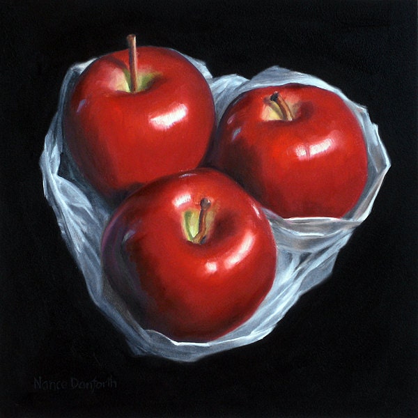 Apples in Plastic 6x6 original oil painting realistic still life by Nance Danforth
