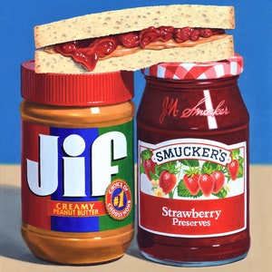 DANFORTH Peanut Butter Sandwich, 40x30 original realistic oil painting, kitchen painting, sandwich painting, peanut butter still life