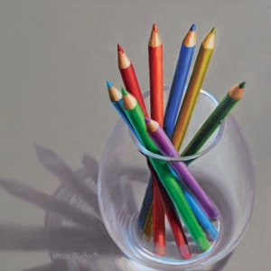 Colored Pencils in Vase, 8x8 original realistic oil painting, pencil painting, art supplies, artist gift, teacher gift, drawing supplies