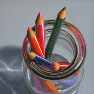 Pencils In Bottle, 8x8 original realistic oil painting, still life wall art, Danforth painting, artist teacher gift, drawing supplies art