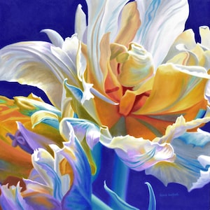 May include: A close-up of a painting of a white and yellow tulip with blue and purple accents. The tulip is in bloom and the petals are open wide. The background is a deep blue.