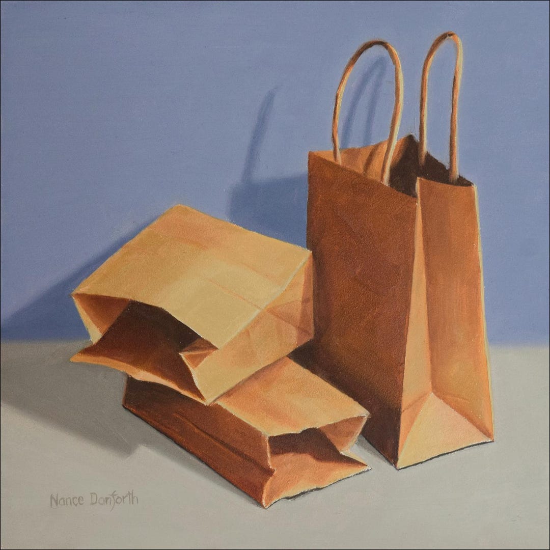 DANFORTH, Three Paper Bags, 6x6 Original Realistic Still Life Oil ...