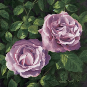 May include: Two pale purple roses in full bloom with green leaves. The roses are in focus and the leaves are slightly blurred. The artist's signature, "Narice Danforth", is in the bottom right corner.