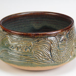 Bowl Green Carved Dragon Ceramic Bowl Carved Stoneware Bowl Pottery Thrown Carved Bowl Wedding Gift House Warming One of a Kind Pottery Bowl