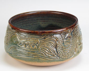 Carved Dragon Bowl, Green, Carved Dragon, Ceramic Bowl, Carved Stoneware Bowl, Thrown And Carved Bowl, Pottery Bowl