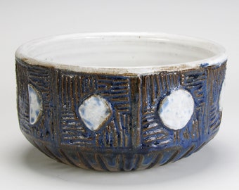 Carved Bowl, Carved Moon Phases on Bowl, Carved Moons On Bowl, Carved Ceramic Bowl, Carved Stoneware Bowl, Thrown And Carved Bowl, Blue Bowl