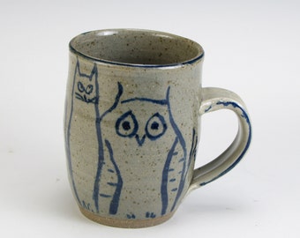 The Owl and the Pussycat, Hand Painted, Stoneware, Wheel Thrown Mug,