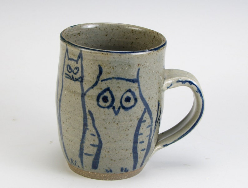 Mug Owl and Painted Cat Cup Greenish Glazed Stoneware Wheel Thrown Mug