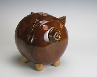 Brown slab constructed, stoneware piggy bank