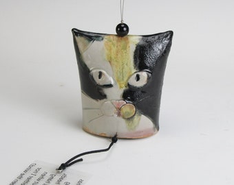 Calico Cat Face Bell, Hand Made Garden Art, Furin, Lucky Wind Chime, Soothing Sounds, Cooling, Detects Wind, Deflects malevolence