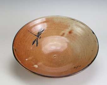 Asian inspired, painted with cobalt dragonflies, wheel thrown small serving bowl