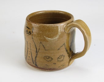 All Cats and Night Owls, Hand Painted, Stoneware, Wheel Thrown Mug,