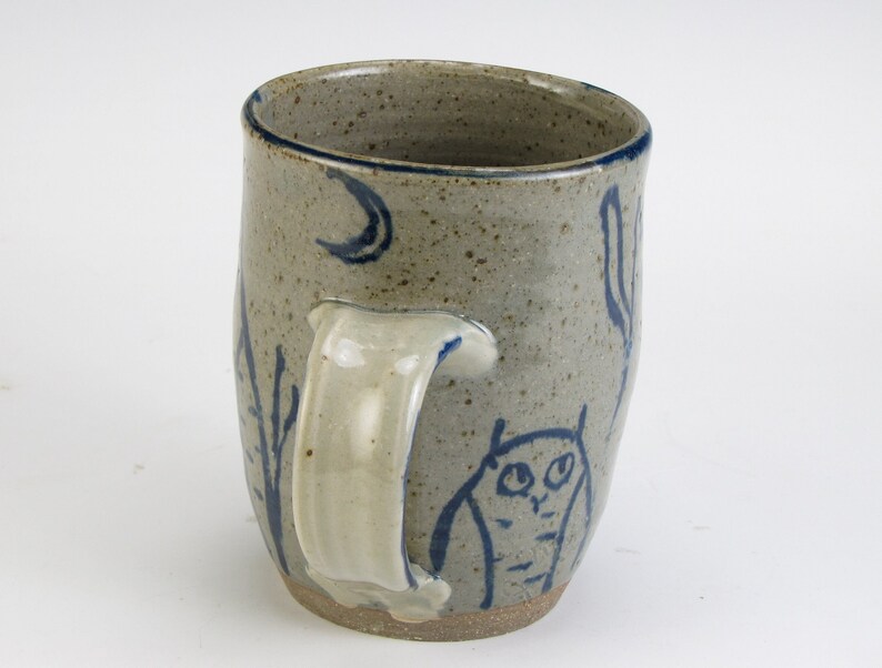 Mug Owl and Painted Cat Cup Greenish Glazed Stoneware Wheel Thrown Mug