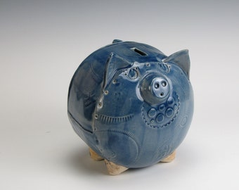 Blue Stoneware, Gear Impressed, Old Fashioned, Piggy Bank Without Stopper