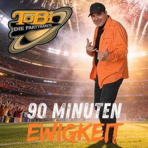 Puede incluir: Un hombre con una camisa naranja y una gorra negra gesticula frente a un estadio. La imagen presenta el texto "90 MINUTEN EWIGKEIT" y un logotipo con el texto "TOBi DIE PARTYRAKETE". Se ven fuegos artificiales en el fondo.