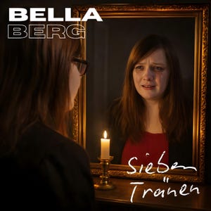 May include: A woman looking in a mirror, with the text "BELLA BERG" at the top. The mirror reflects a woman with tears, and the text "Sieben Tränen" is at the bottom. A lit candle sits in front of the mirror.