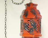 Vintage hanging light - hanging lamp - ceramic - ornate - chain cord - swag lamp - pendant light - red and black