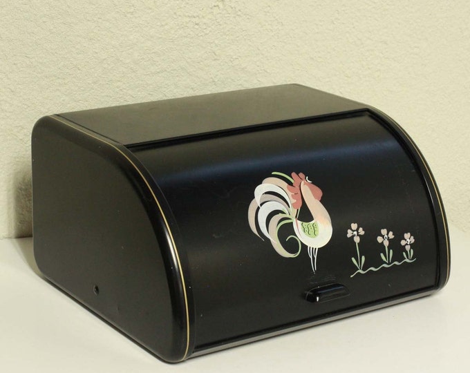 Vintage Bread Box Ransburg Black Rooster Tin Rolltop Etsy