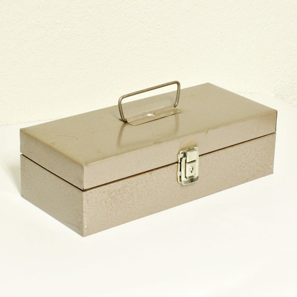 Vintage metal box - storage - lock box - cash box - gold/tan - locking - with key - Greco - RESERVED FOR  cherryleopard