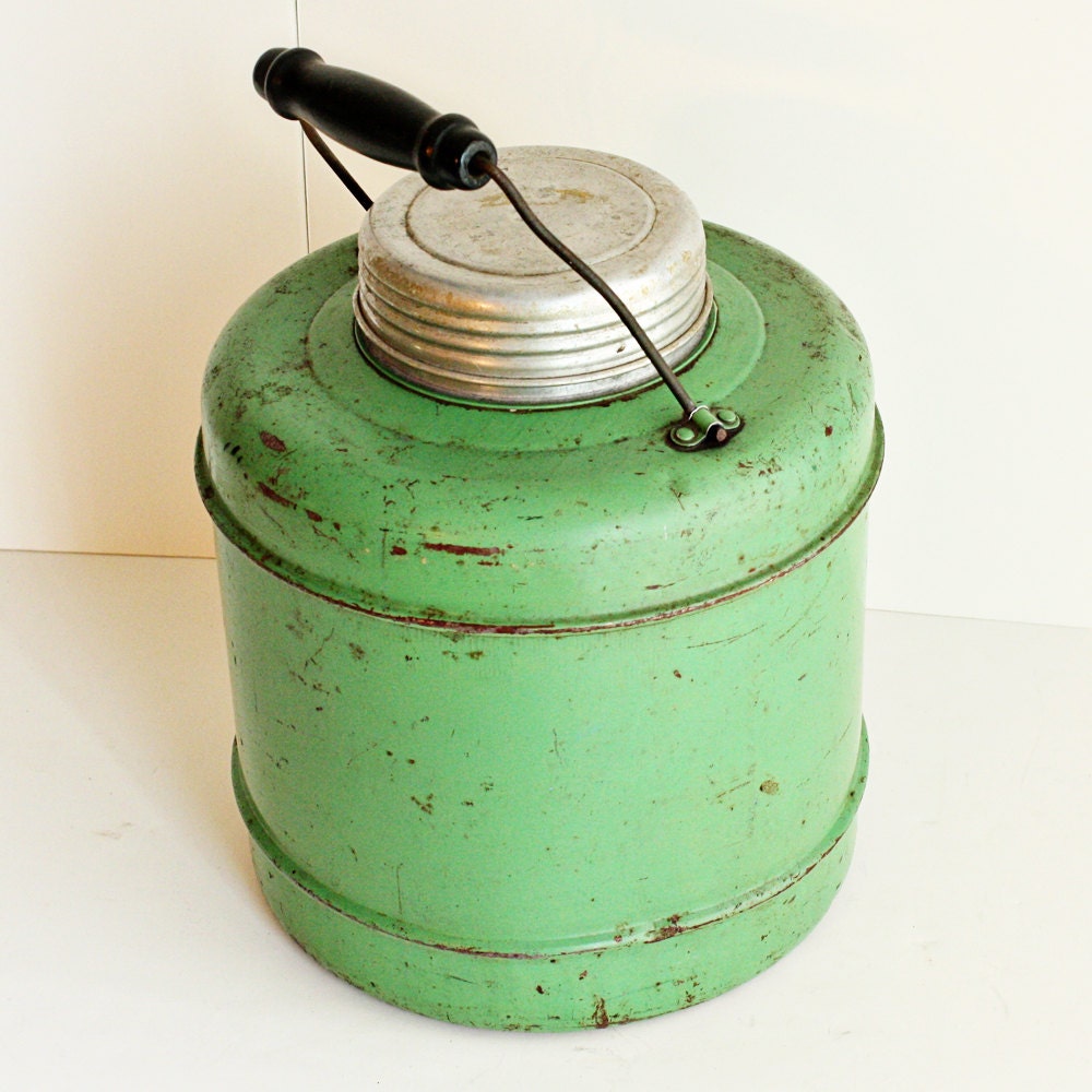 Vintage water cooler water jug metal green ceramic Etsy