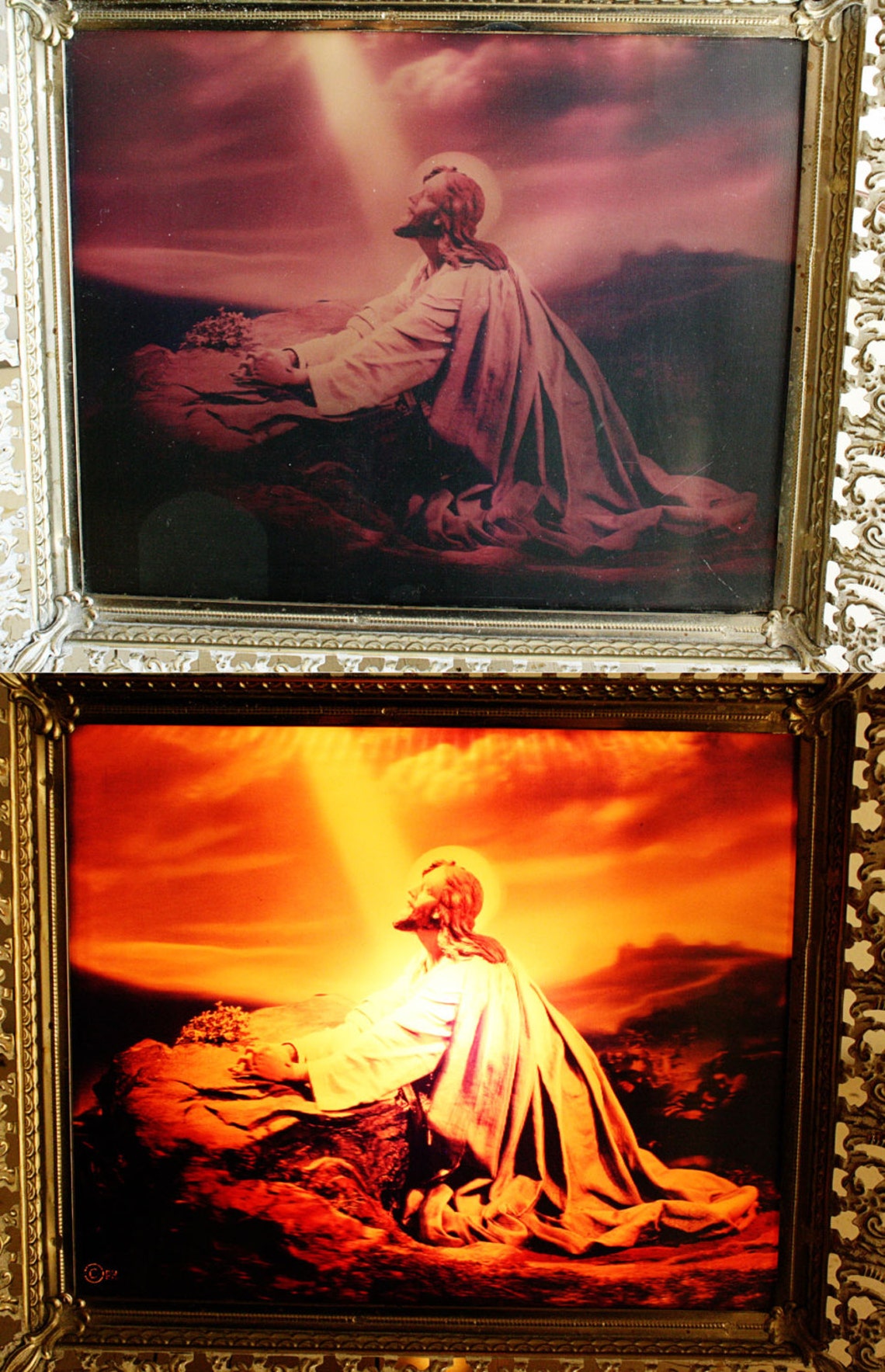 Vintage Jesus picture lighted Jesus praying ornate frame Etsy