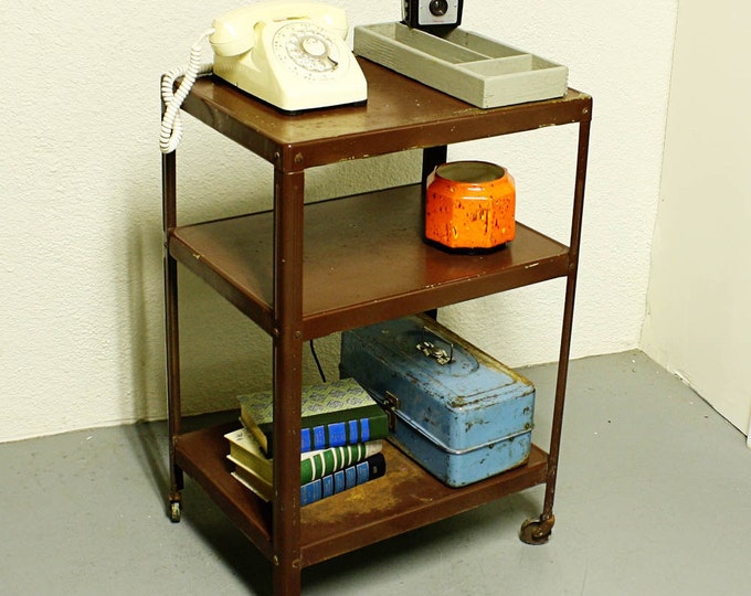 Vintage Metal Cart Serving Cart Kitchen Cart Brown Wheels 3 Shelf