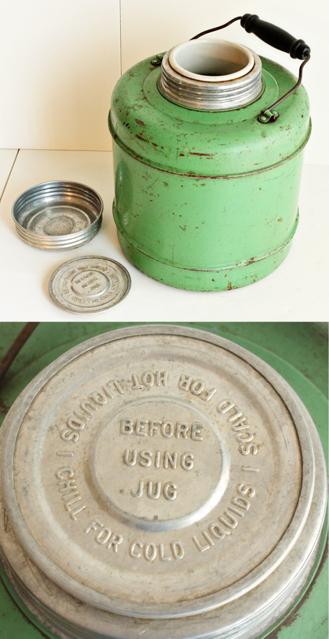 Vintage water cooler water jug metal green ceramic Etsy