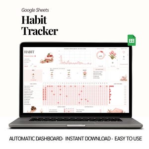 Może przedstawiać: Ekran laptopa wyświetlający narzędzie do śledzenia nawyków w Google Sheets w kolorystyce różowo-białej. Interfejs zawiera wykres postępów, sekcję ścieżki rozwoju z ikonami roślin, codzienne listy kontrolne oraz obszary miesięcznego skupienia.