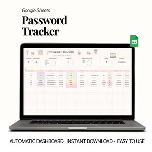 Peut inclure: Un écran d'ordinateur portable affichant un modèle de suivi de mots de passe Google Sheets. L'interface présente un tableau de bord avec des statistiques de compte, la date du 25 juillet 2025 et un tableau pour suivre les sites, identifiants et mots de passe.