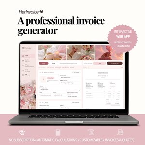 May include: A laptop displaying the HerInvoice web app interface for generating invoices and quotes. The screen shows business details, contact fields, and a document preview. Text includes HerInvoice, Interactive Web App, and Instant Digital Download.