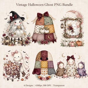 Könnte beinhalten: Eine digitale Sammlung mit dem Titel Vintage Halloween Ghost PNG Bundle, die sechs Illustrationen von Geistern mit Patchwork-Mustern, Blumenakzenten, Schleifen, Kürbissen, Laternen und einem Einkaufswagen auf hellem Hintergrund zeigt.