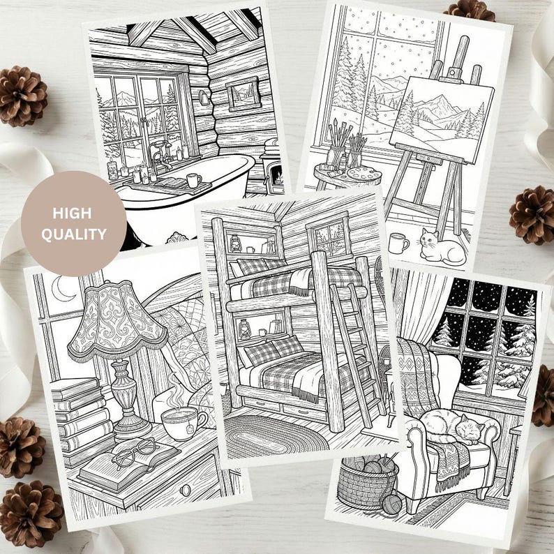 Cozy Winter Cabin Coloring Pages | Adult Coloring Book | Printable ...