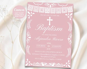 Blush Pink Papel Picado Baptism Invitation | Editable Canva Template | Mexican Theme Girl Bautizo Invite. Instant download. Canva