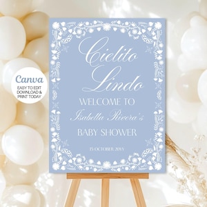 Editable Cielito Lindo Baby Shower Welcome Sign, Dusty Blue Mexican Talavera Theme Baby Shower Decorations, Papel Picado Template. Canva