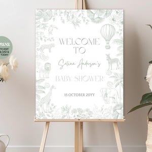 Letrero de bienvenida para baby shower de safari en Toile de Jouy editable, decoraciones para baby shower de safari en verde salvia, plantilla digital. Canva