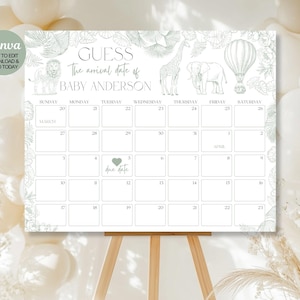 Bearbeitbar Safari Toile De Jouy Babyparty Erraten Sie Ankunftsdatum Kalender Zeichen, Salbei grün, Errate Babys Fälligkeitskalender, Dekoration, Canva