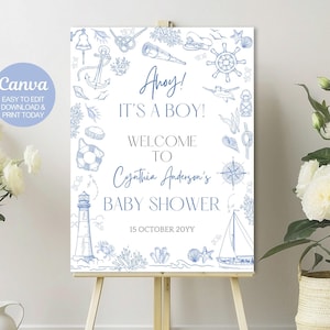 Editable Ahoy it's a boy Baby Shower Welcome Sign,  Blue Nautical Toile De Jouy Baby Shower Decorations, Digital Template. Canva