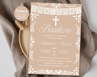 Beige Papel Picado Baptism Party Invitation. Editable Digital Template for Bautizo Celebration. Gender Neutral. Instant download. Canva