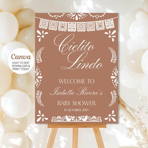 Cartello di benvenuto modificabile Cielito Lindo Baby Shower, decorazioni per baby shower a tema messicano Talavera in terracotta, modello Papel Picado. Tela