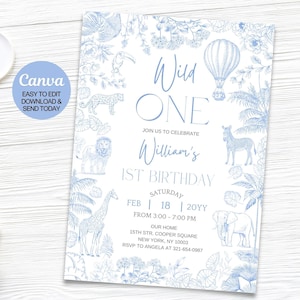 Convite de 1º aniversário Wild One Safari Toile De Jouy. Convite de primeiro aniversário Dusty Blue Safari editável. Download instantâneo. Canva