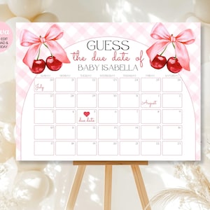 Bearbeitbare Kirsche auf Babyparty Erwarten Sie den Ankunftsdatumskalender, Guess Baby's Fälligkeitsdatumskalender, Kirsche und rosa Schleife Thema Dekoration, Canva