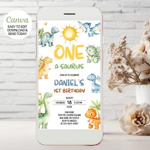Elektronische uitnodiging voor het 1e verjaardagsfeestje van dino voor elke smartphone. Bewerkbare sjabloon voor uitnodiging eerste verjaardag dinosaurus. Canvas 103