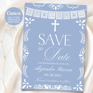 Dusty Blue Papel Picado Save the Date Baptism Invitation | Editable Canva Template | Mexican Theme Girl Bautizo. Instant download. Canva