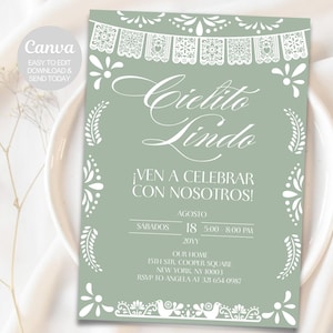 Invito alla celebrazione Cielito Lindo, modello verde salvia, invito alla festa messicana, Papel Picado invitación de celebración, Canva modificabile