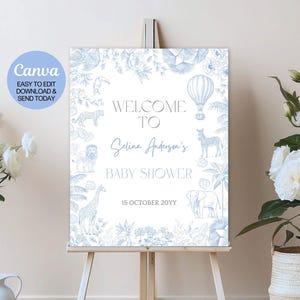 Placa de boas-vindas para chá de bebê Safari Toile De Jouy editável, decorações para chá de bebê Safari azul-poeira, modelo digital. Canva