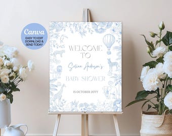 Cartello di benvenuto per baby shower in stile Safari Toile De Jouy modificabile, decorazioni per baby shower in stile Safari blu polvere, modello digitale. Canva