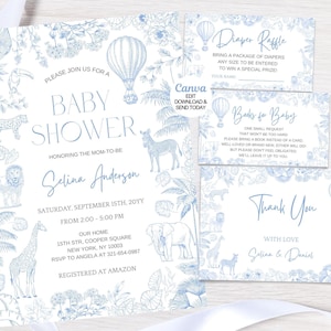 Safari Toile De Jouy-uitnodigingspakket babyshower. Bewerkbare stoffige blauwe safari babyshower nodigt babyshower uit. Direct downloaden. Canvas