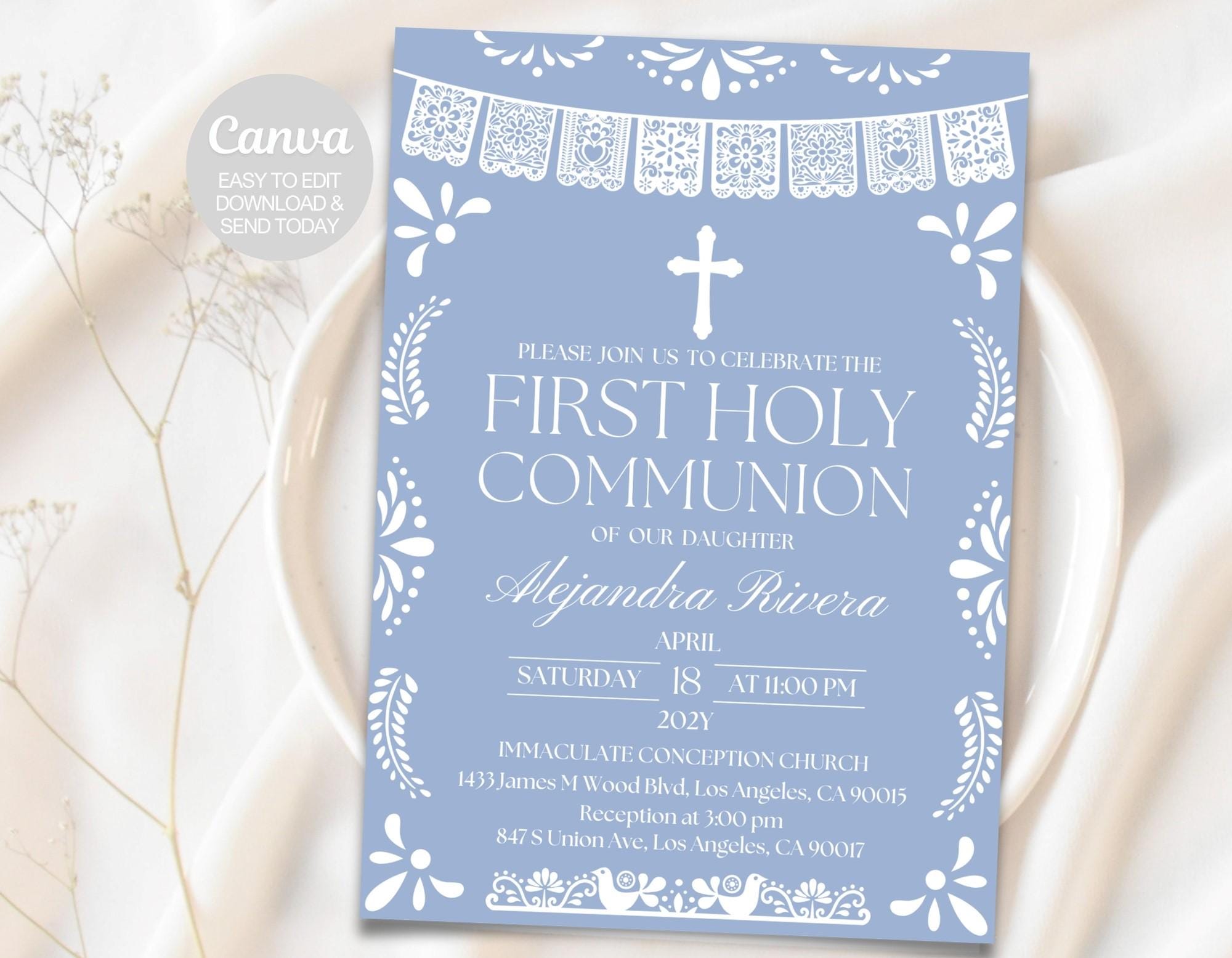 Dusty Blue Papel Picado First Holy Communion Invitation | Editable Canva Template | Mexican Theme Invite. Instant download. Canva