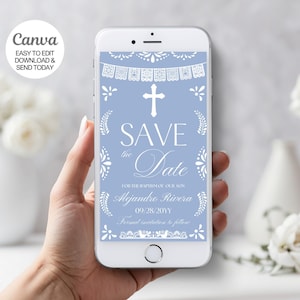 Electronic Dusty Blue Papel Picado Save the Date Baptism Invitation for any smartphone. Editable Mexican Theme Boy Bautizo Invite. Canva