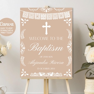 Bewerkbare beige papel picado doopsel welkomstbord, Mexicaans thema bautizo babyshower decoraties, canvas sjabloon.